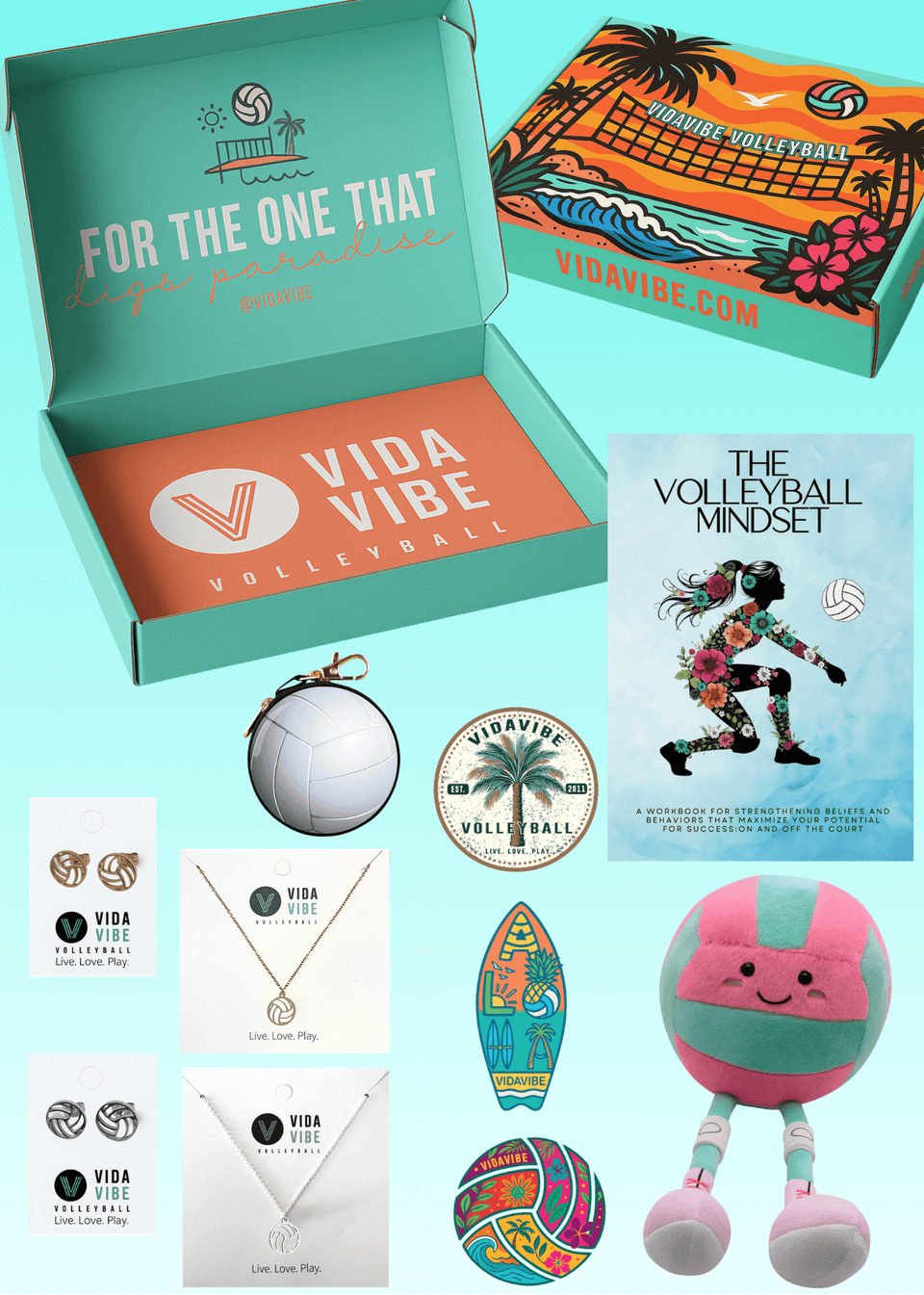 Collection of Vida Vibe products including boxes, jewelry, and toys on a light blue background.